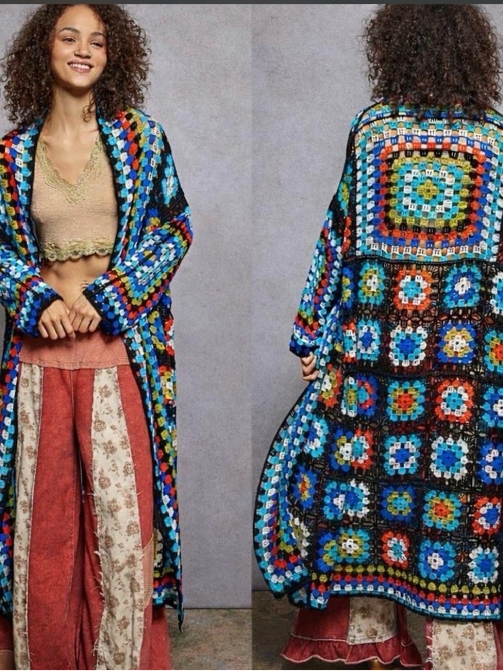POL Multicolor Crochet Granny-Square Maxi Cardigan